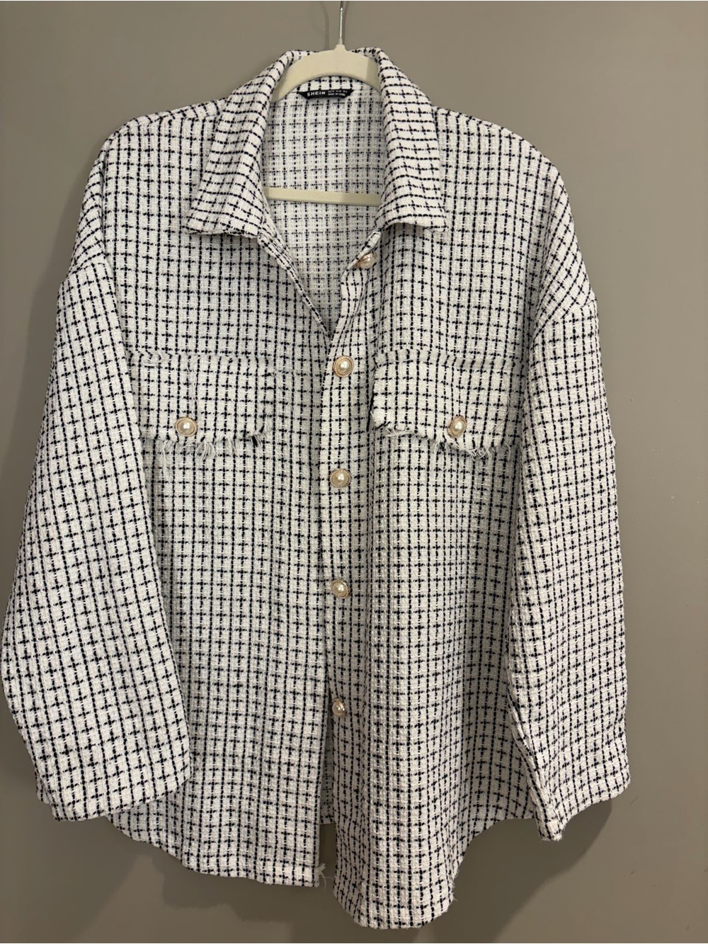 SHEIN Black and White Tweed Button Jacket